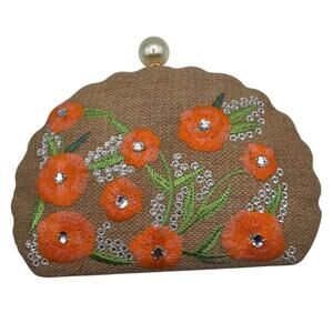 Haute Hippie Clamshell Jute w/ Orange Embroidered Floral Clutch Boho
